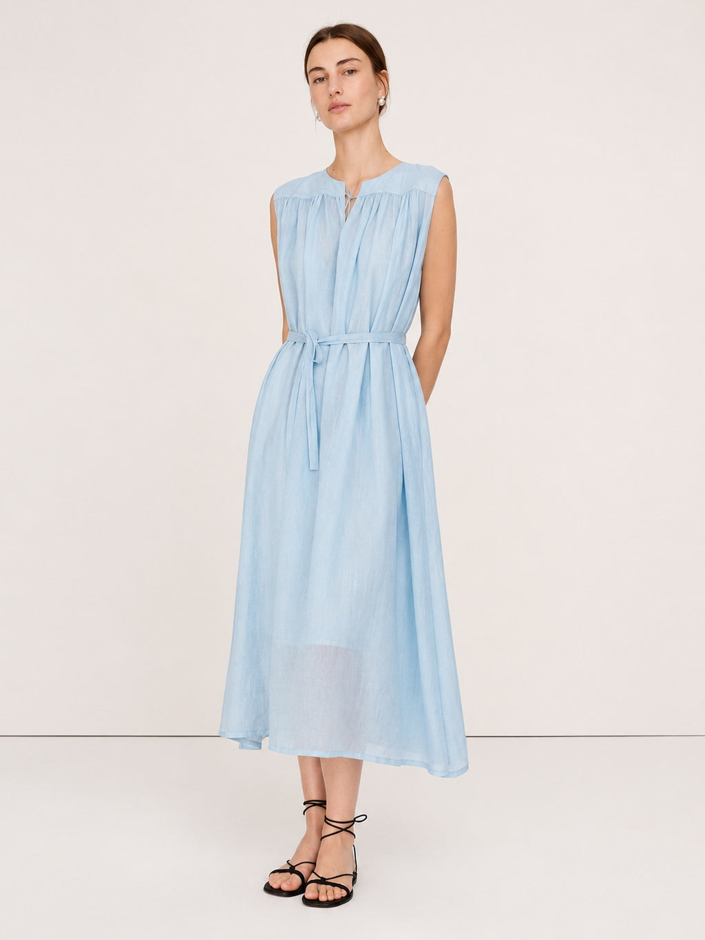 Gathered Split-Neck Tie-Waist Midi Dress