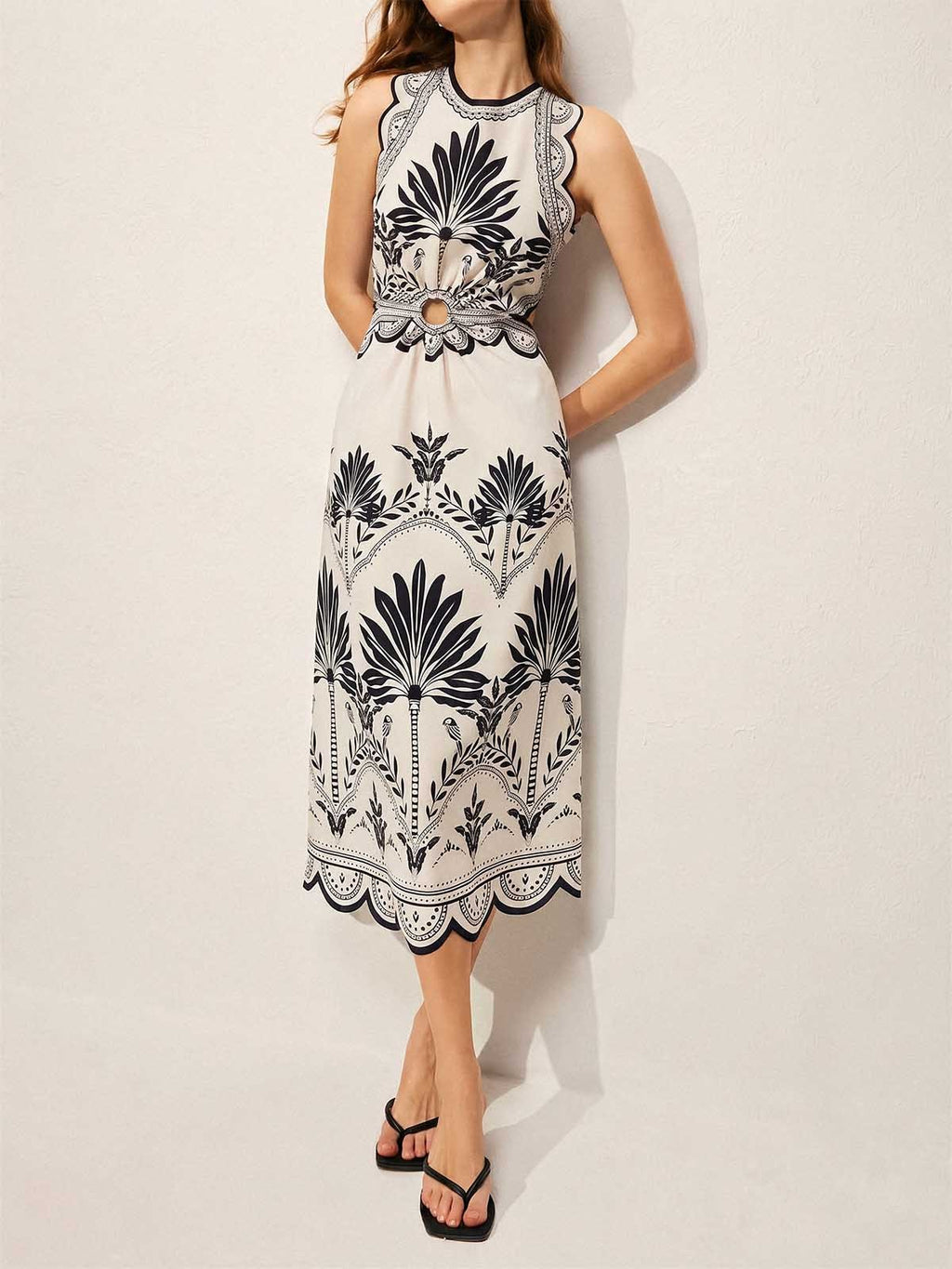 Floral Cut Out Waist Midi Dress