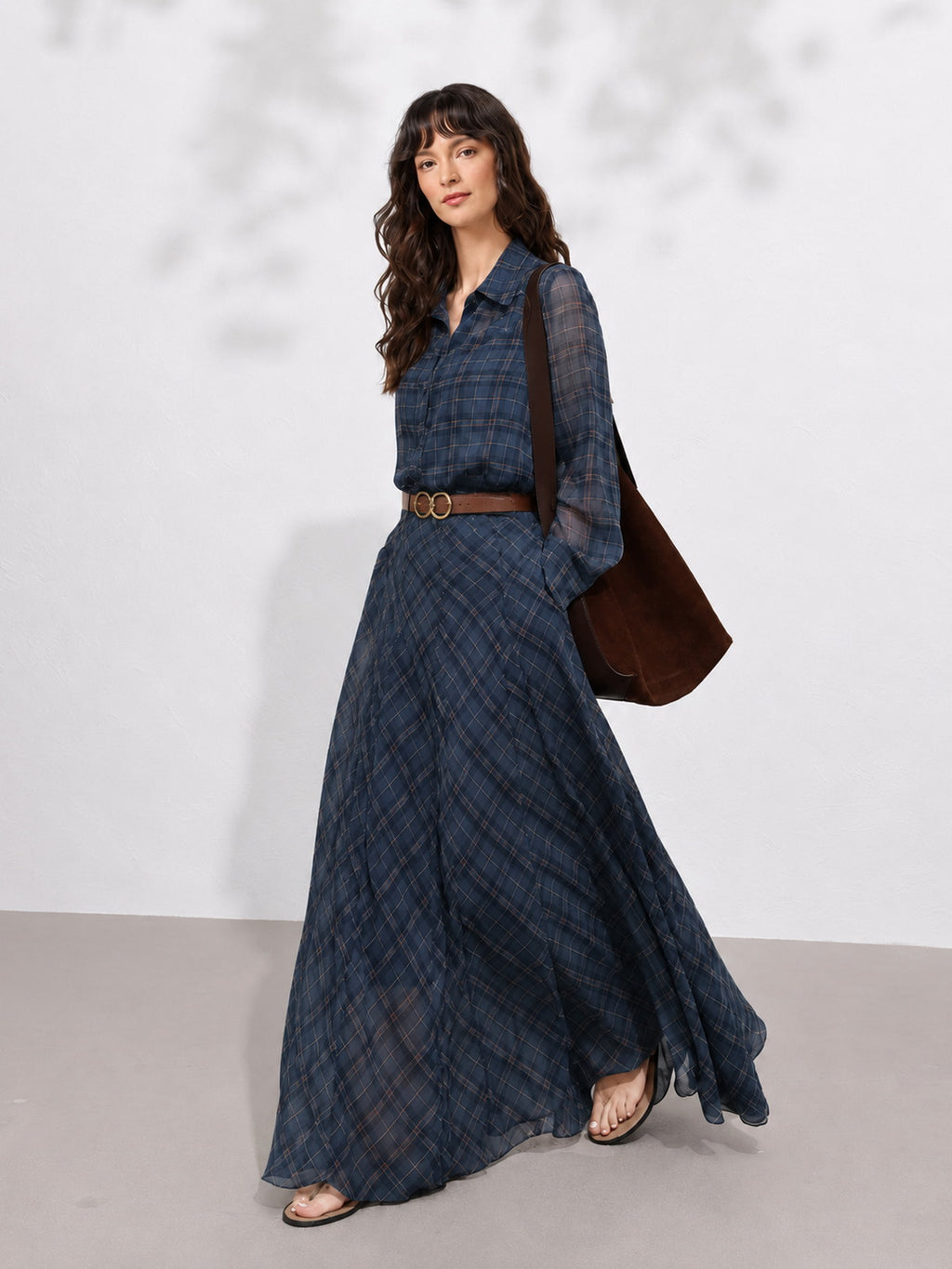 Lined Belted Plaid Shirt Maxi Dress(Two Piece)