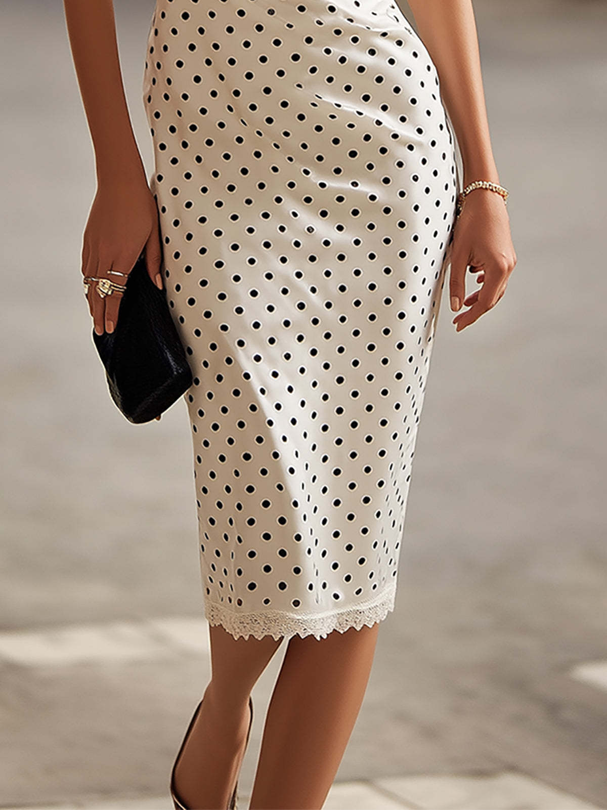 White Black Polka Dot Lace Trim Dress