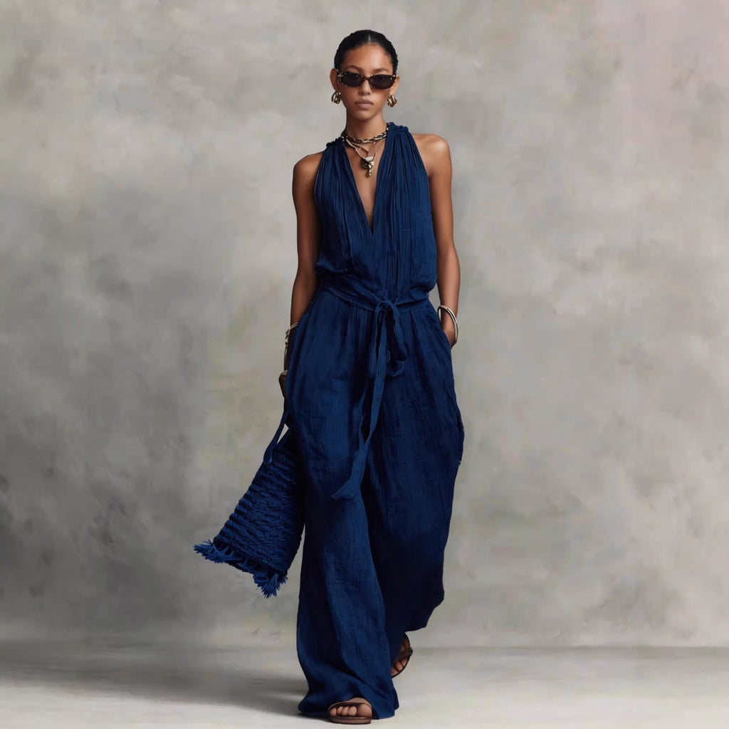 Pleated Halter Neck Belted Jumpsuit