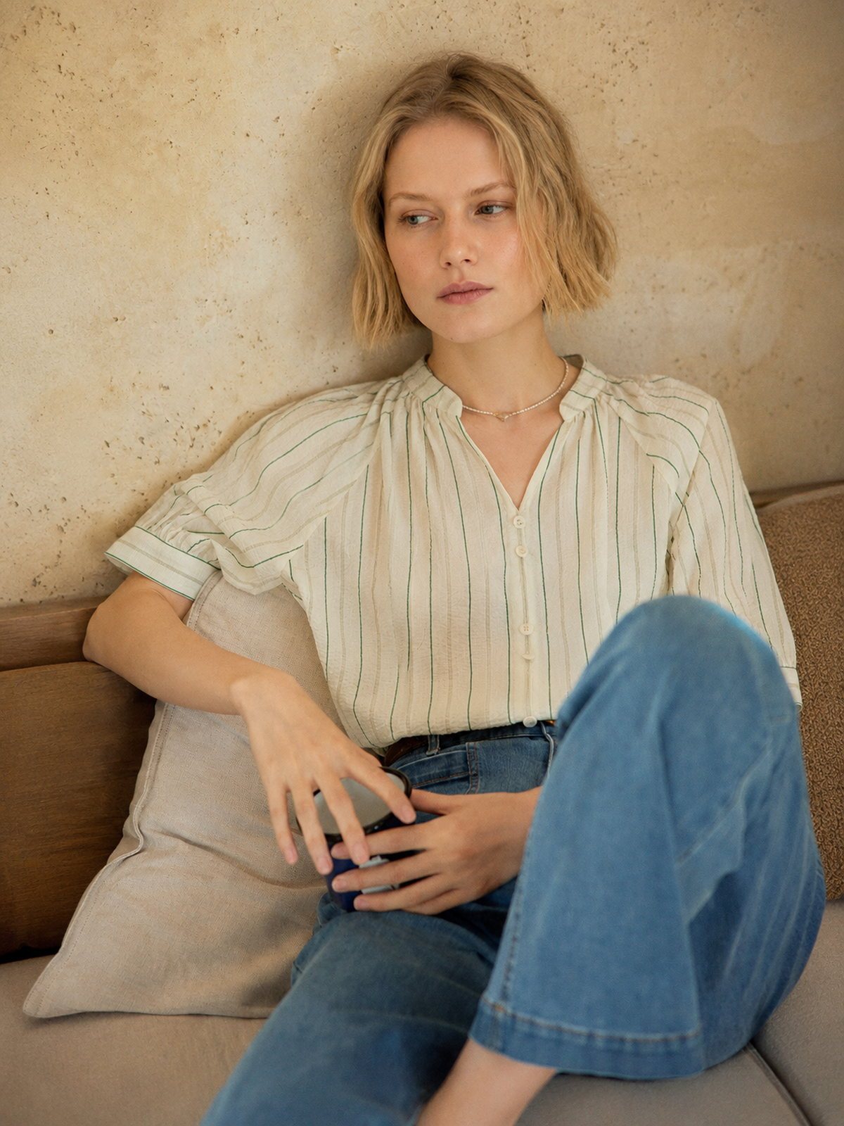 Stripe Band-Collar Blouse