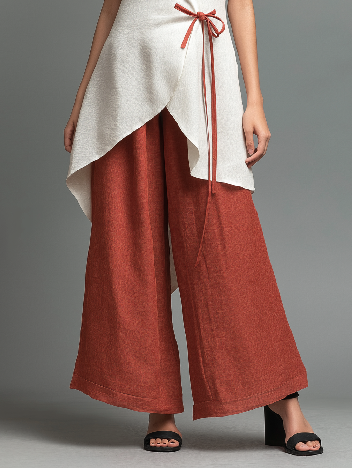 Linen Blend Asymmetric Sleeveless Top with Drawstring Waist and Wide Leg Pants Set