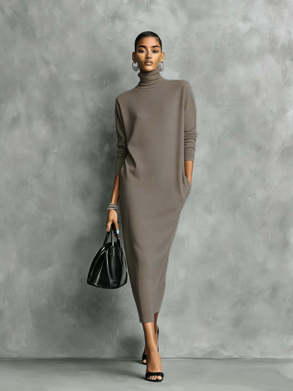 Cashmere Knit Turtleneck Bodycon Midi Dress