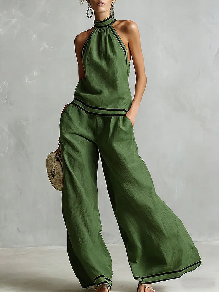 Contrast Trim Sleeveless Vest & Wide-Leg Pants Set