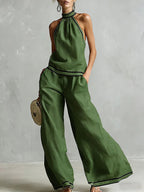 Conjunto de chaleco sin mangas con ribete en contraste y pantalón de pierna ancha.