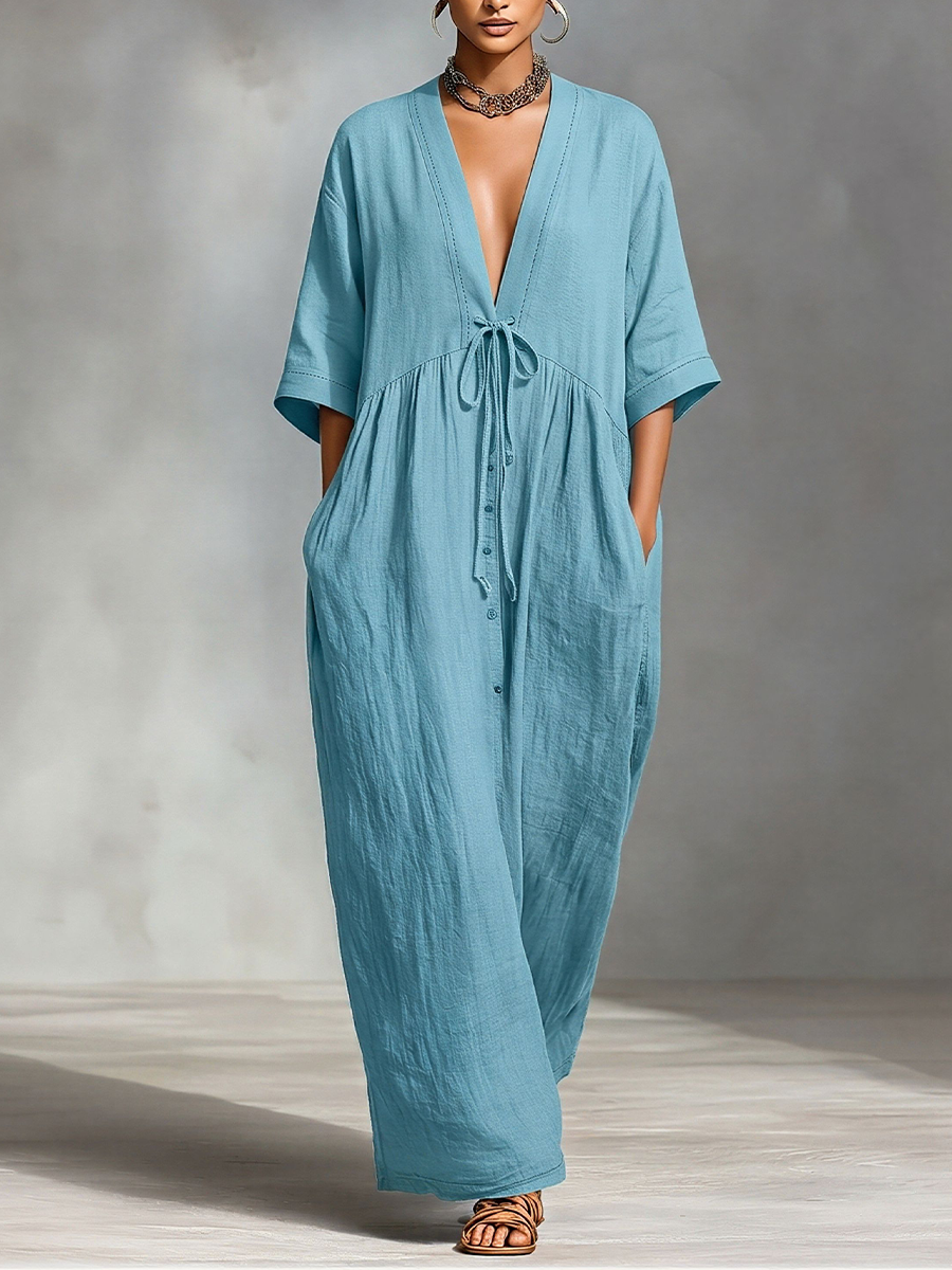 Linen Maxi Dress for Women with Deep V-Neck and Tie Waist, Loose Flowy Long Summer Dress with Pockets