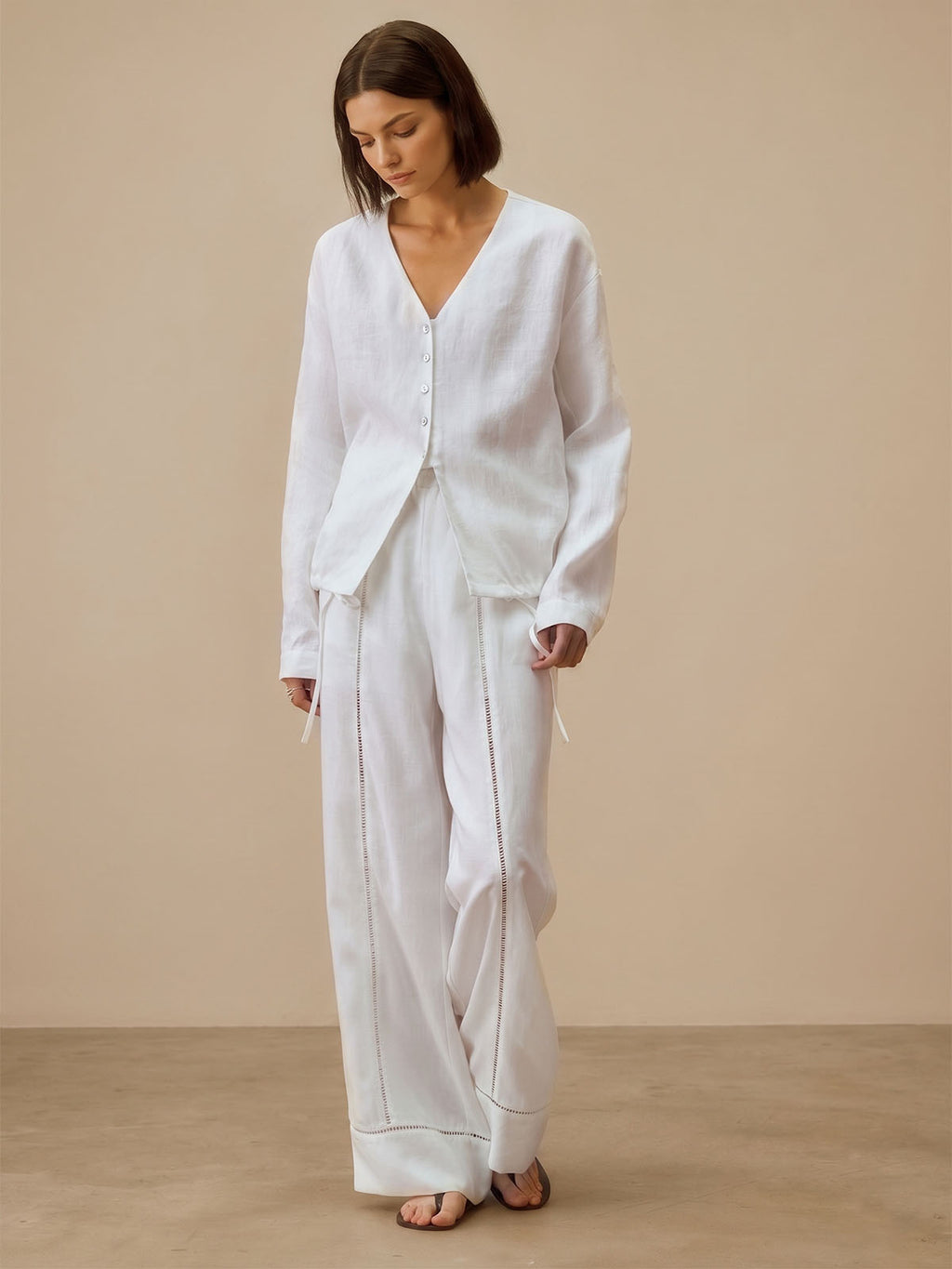 Lace-Trimmed Cutout Linen Pants