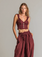 Conjunto de lino de pierna ancha para mujer, estilo bohemio, top corto granate y pantalones palazzo, atuendo holgado y cómodo para el verano.