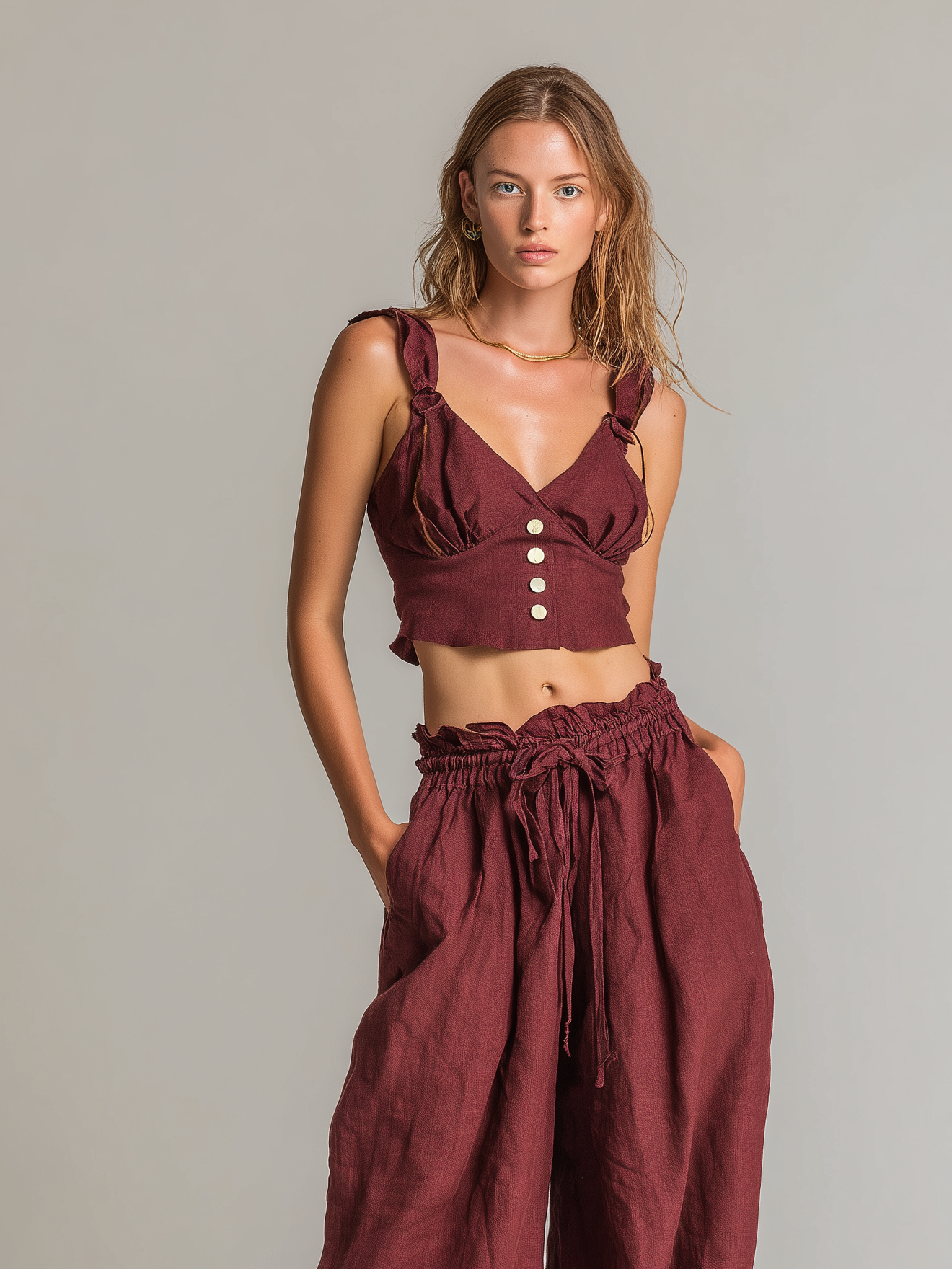 Linen Wide Leg Pants Set Women's Boho Style Maroon Crop Top and Palazzo Pants Loose Comfortable Summer Outfit