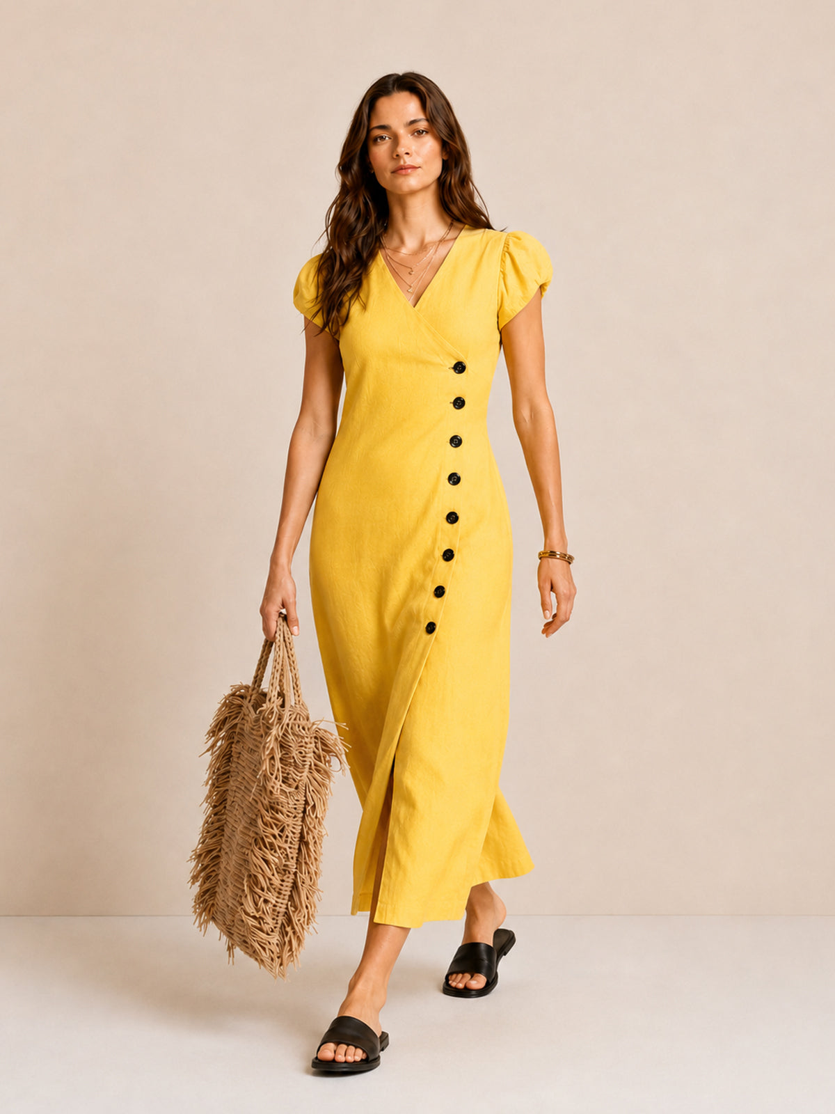 Asymmetric Button Puff Sleeve Dress