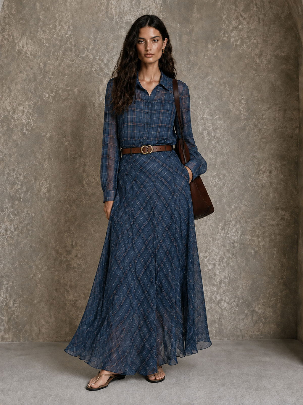 Lined Belted Plaid Shirt Maxi Dress(Two Piece)
