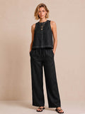 Linen-Blend Sleeveless Top & Wide-Leg Pants Set with Contrast Stitching