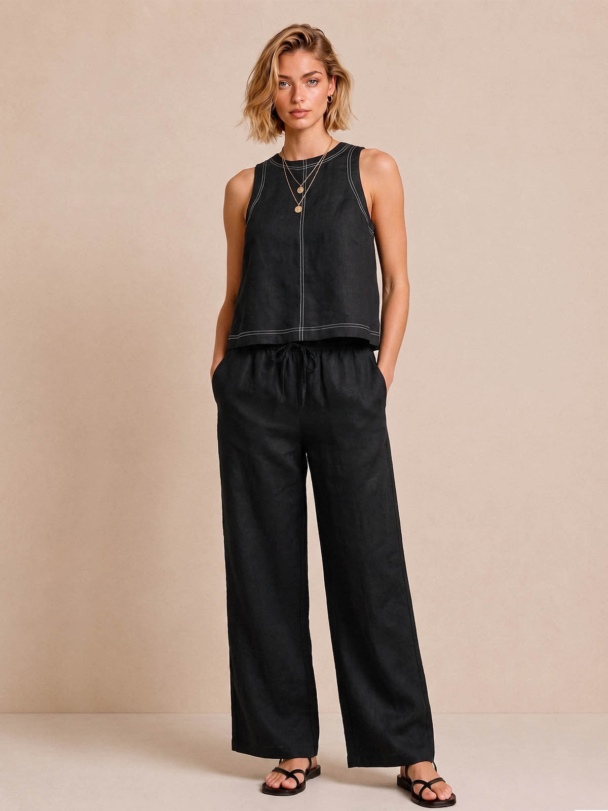 Linen-Blend Sleeveless Top & Wide-Leg Pants Set with Contrast Stitching