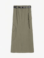 Curved-Seam Cargo Midi Skirt With Studded Belt