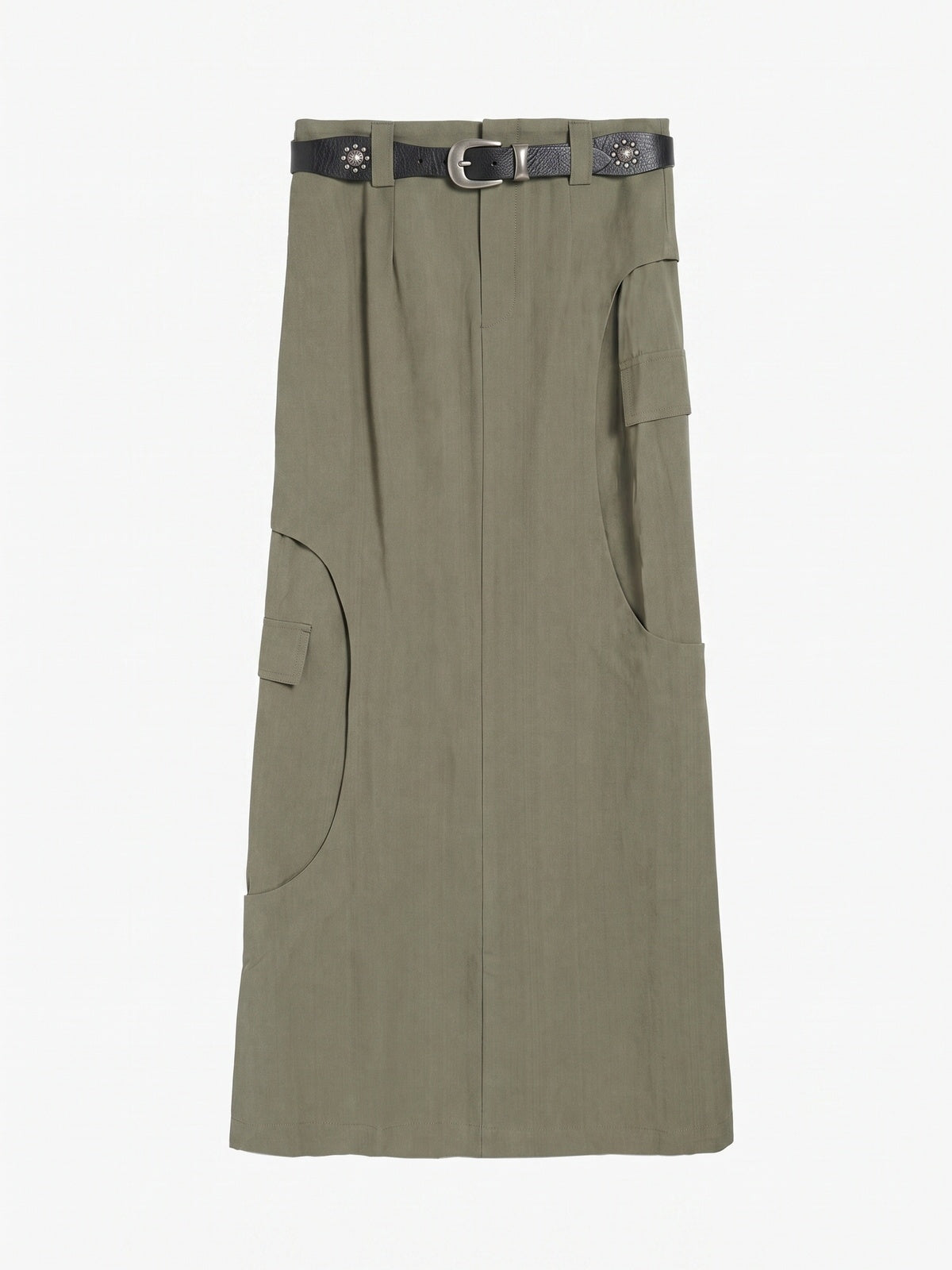 Curved-Seam Cargo Midi Skirt With Studded Belt