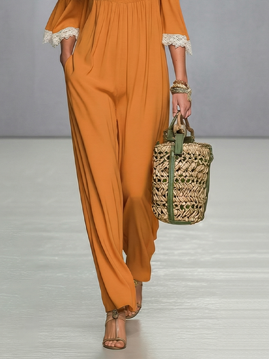 Cotton Blend Off-Shoulder Maxi Jumpsuit with Lace Trim and Wide Leg Design for Women
