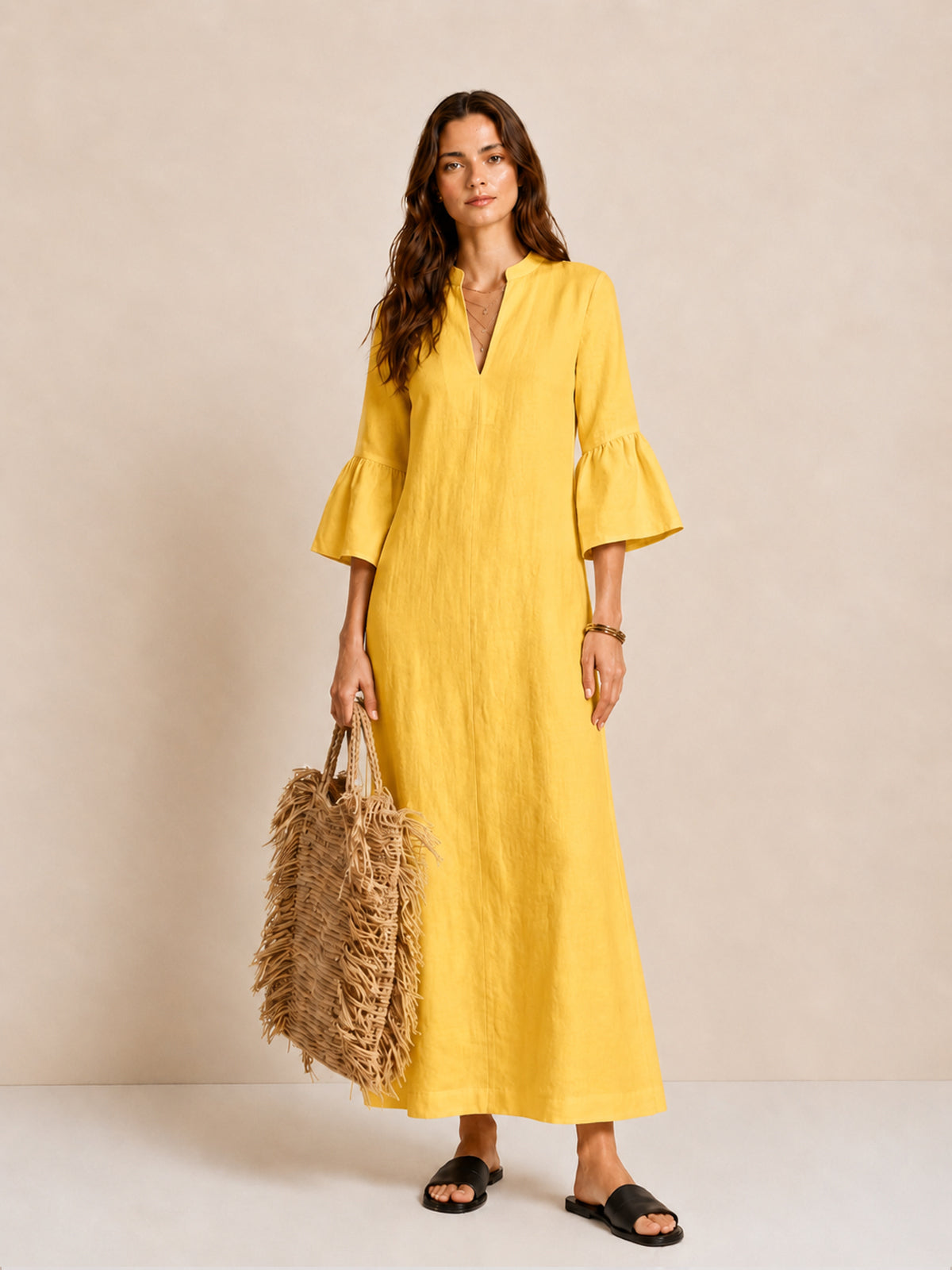 V-Neck Bell Sleeve Linen Dress