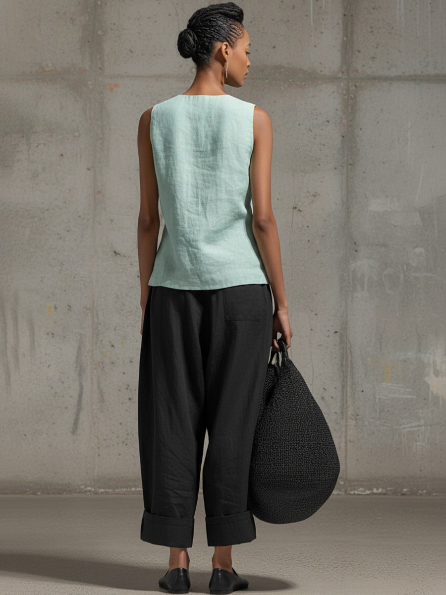 Linen Blend Wide Leg Crop Pants with Cuffed Hem and Relaxed Fit
