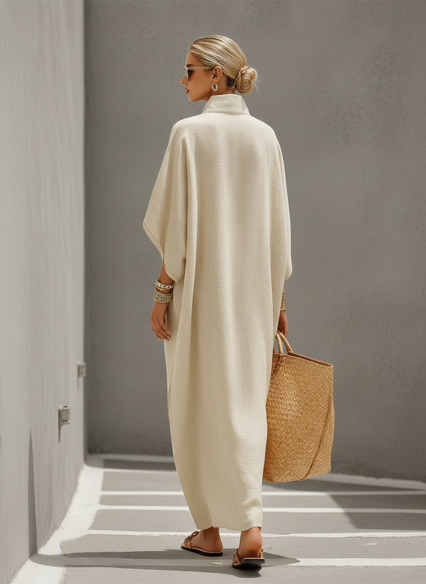 Linen Maxi Dress for Women Loose Long Sleeve V-Neck Button Down Boho Casual Summer Dress