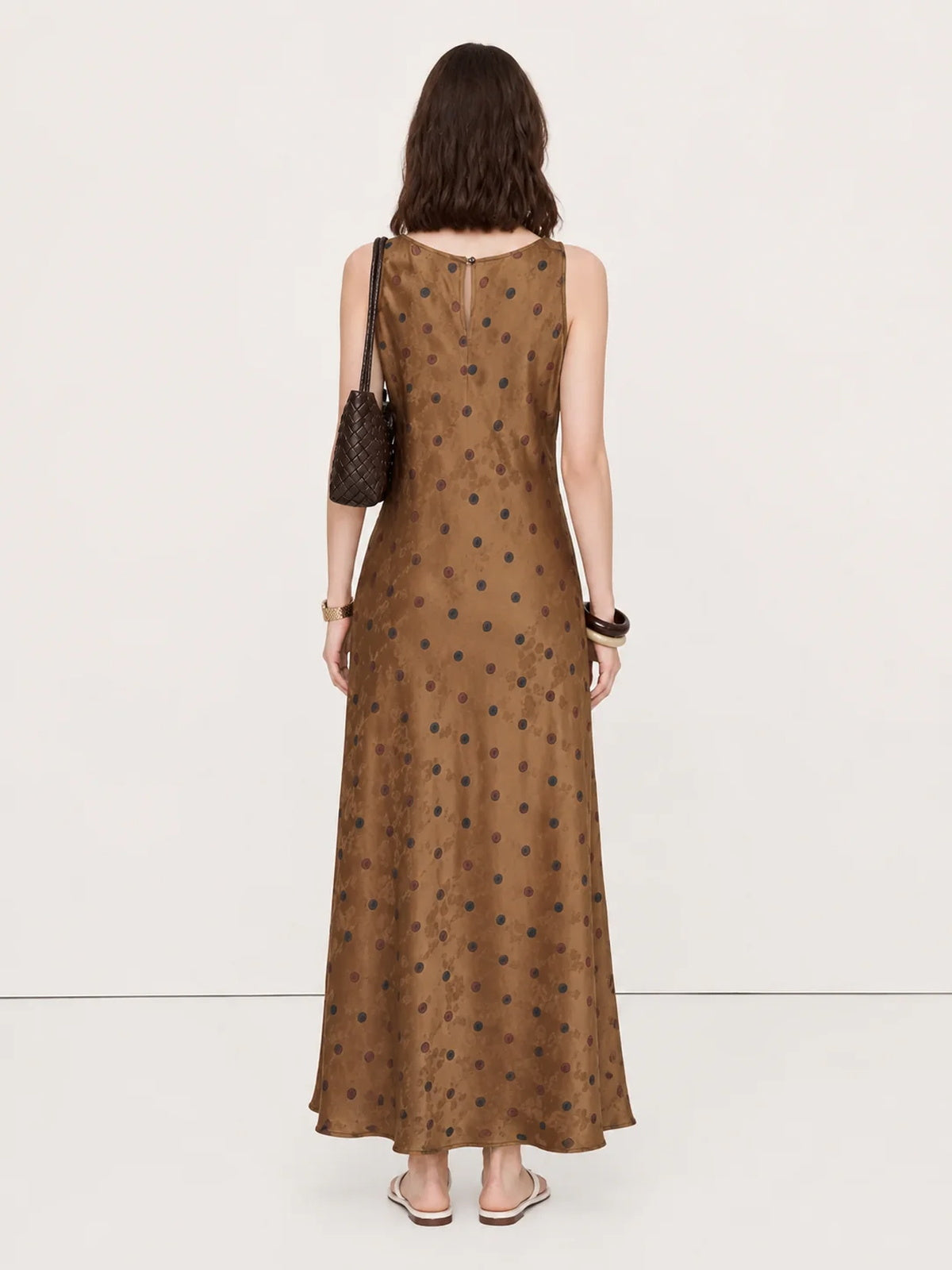 Silk Polka-Dot Sleeveless Column Maxi Dress