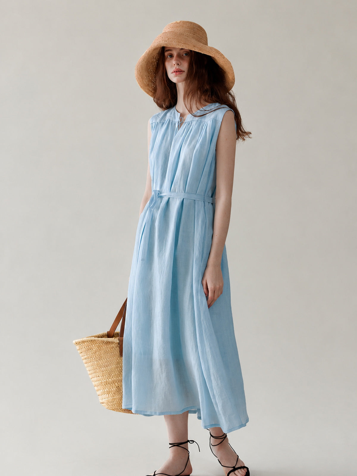 Gathered Tie-Waist Lyocell Midi Dress