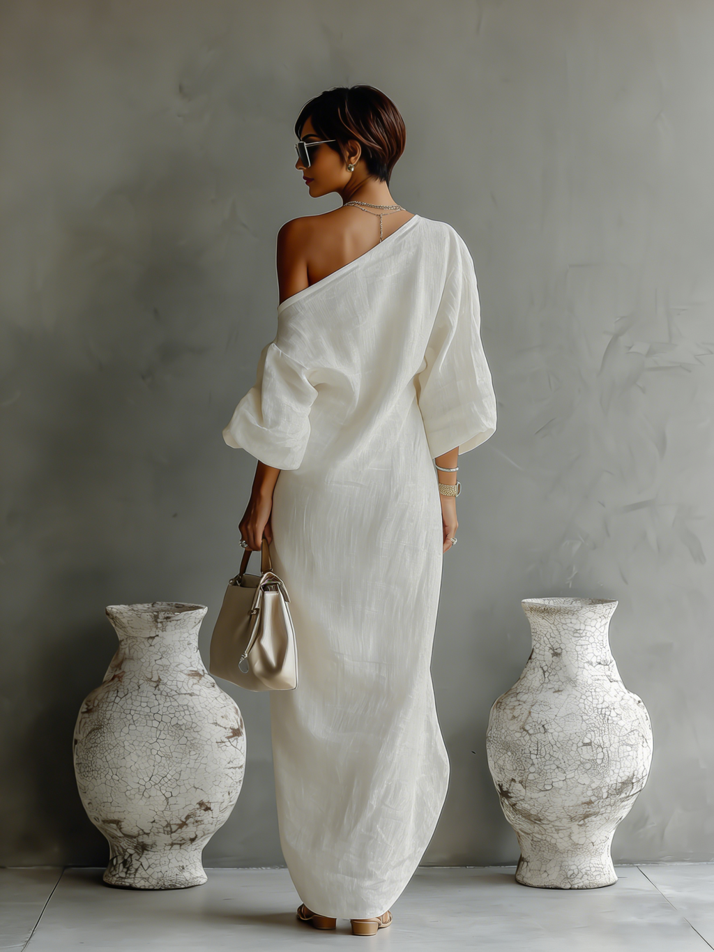 Linen One Shoulder Maxi Dress Elegant Draped Asymmetric Flowy Long Summer Dress for Women