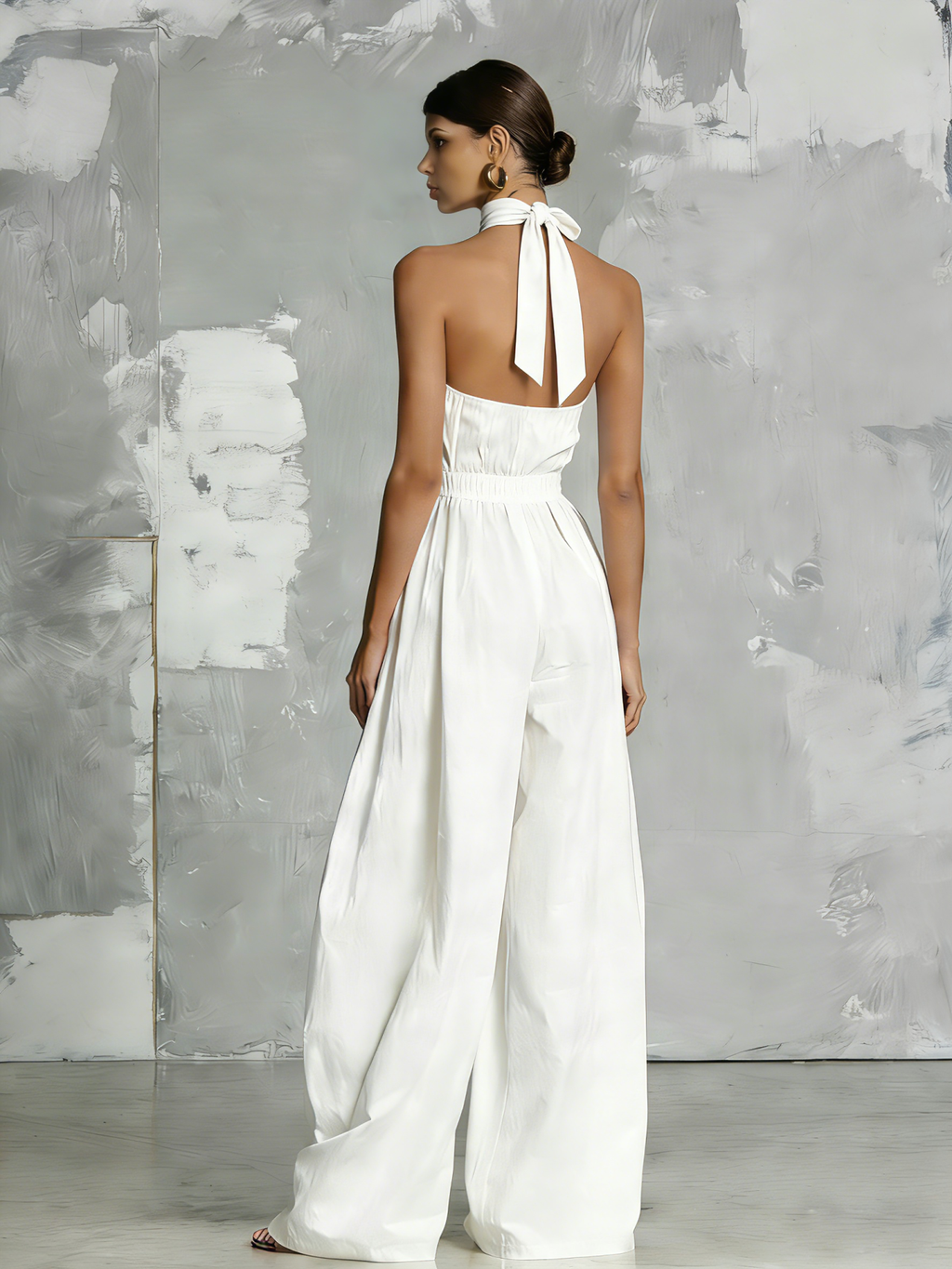 Cotton Linen Halter Neck Jumpsuit with High Waist and Wide Leg Design for Women