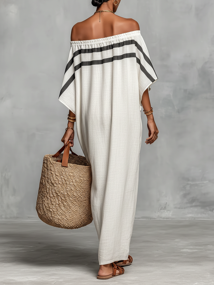 Striped Detail Linen Off-Shoulder Maxi Dress