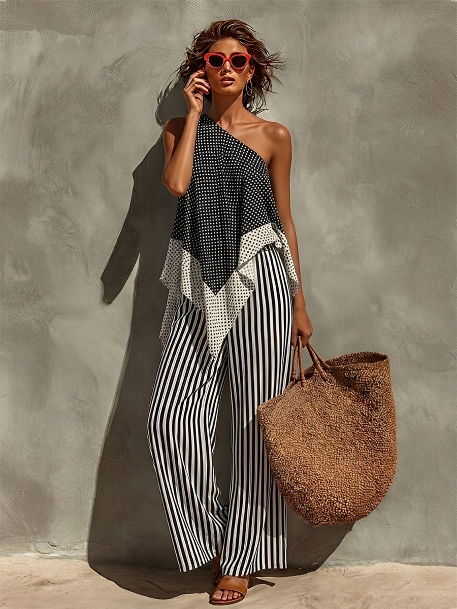Cotton Blend One Shoulder Asymmetrical Top with Striped Wide Leg Pants Set