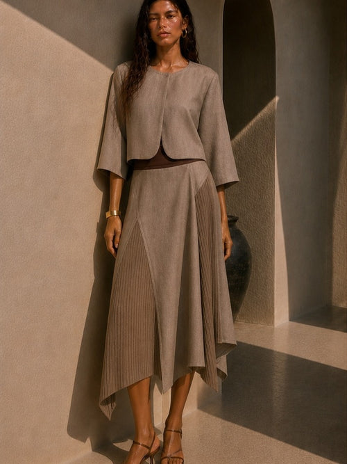 Asymmetric Pleated Ribbed Panel Skirt