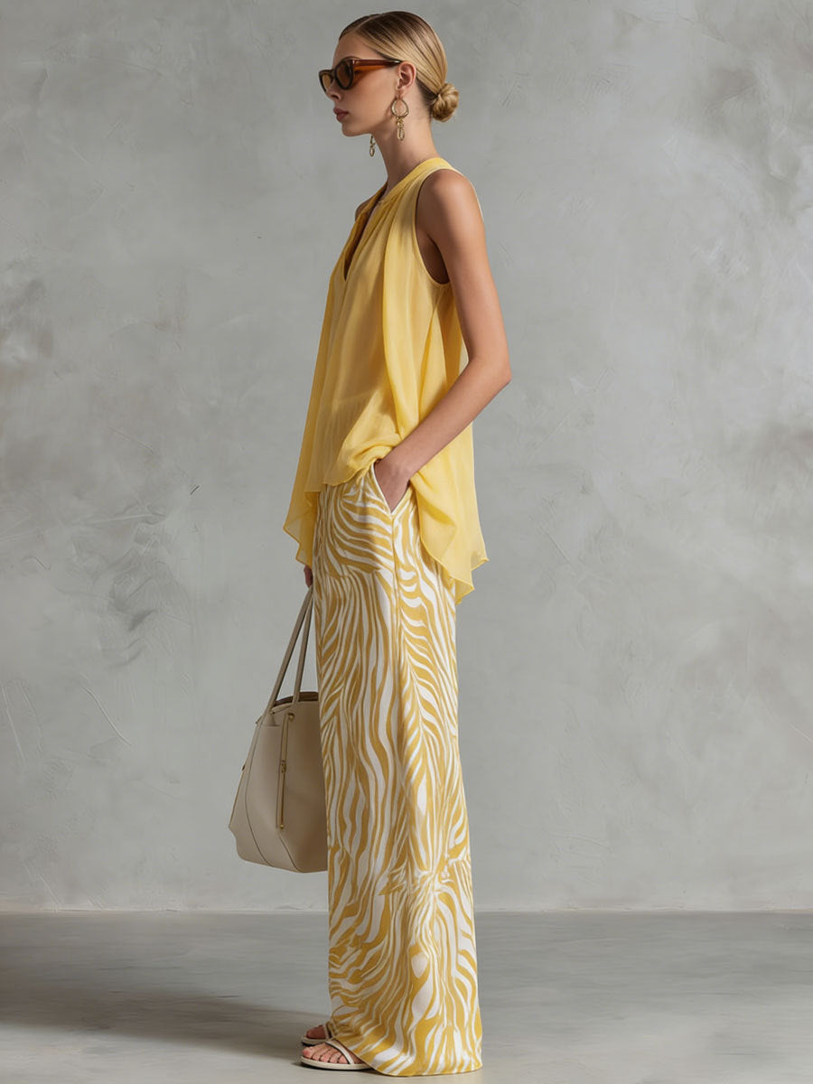 Chiffon Sleeveless V-Neck Top with Zebra Print Wide Leg Pants Set