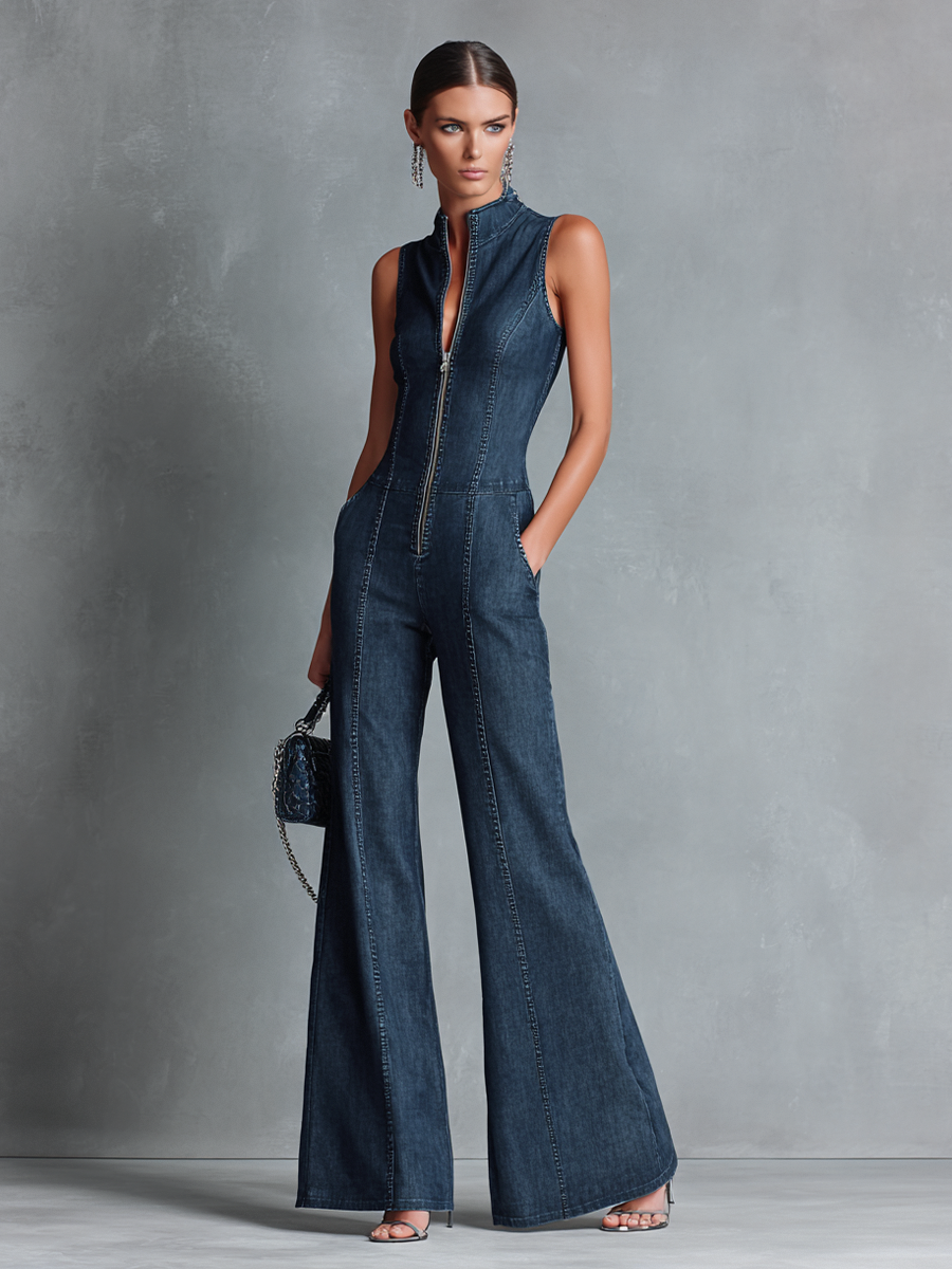 Denim Sleeveless Wide-Leg Jumpsuit with Front Zipper and High Neck Design