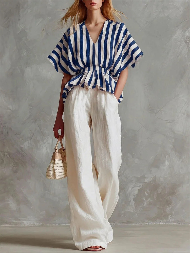 Striped V-Neck Peplum Top & Wide-Leg Pants Set