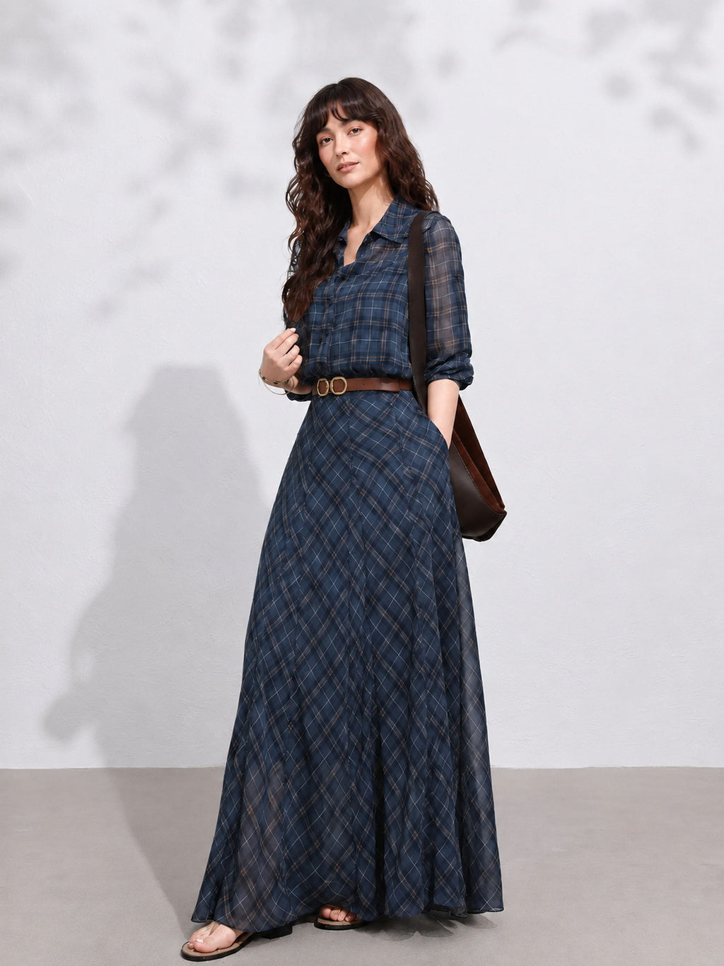 Lined Belted Plaid Shirt Maxi Dress(Two Piece)