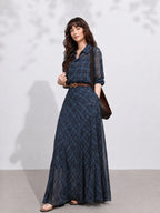 Lined Belted Plaid Shirt Maxi Dress(Two Piece)