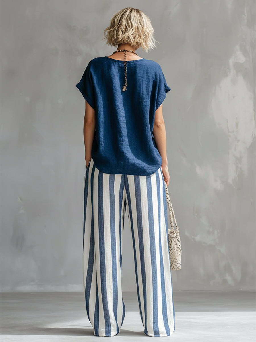 Blue Striped Linen Wide Leg Pants