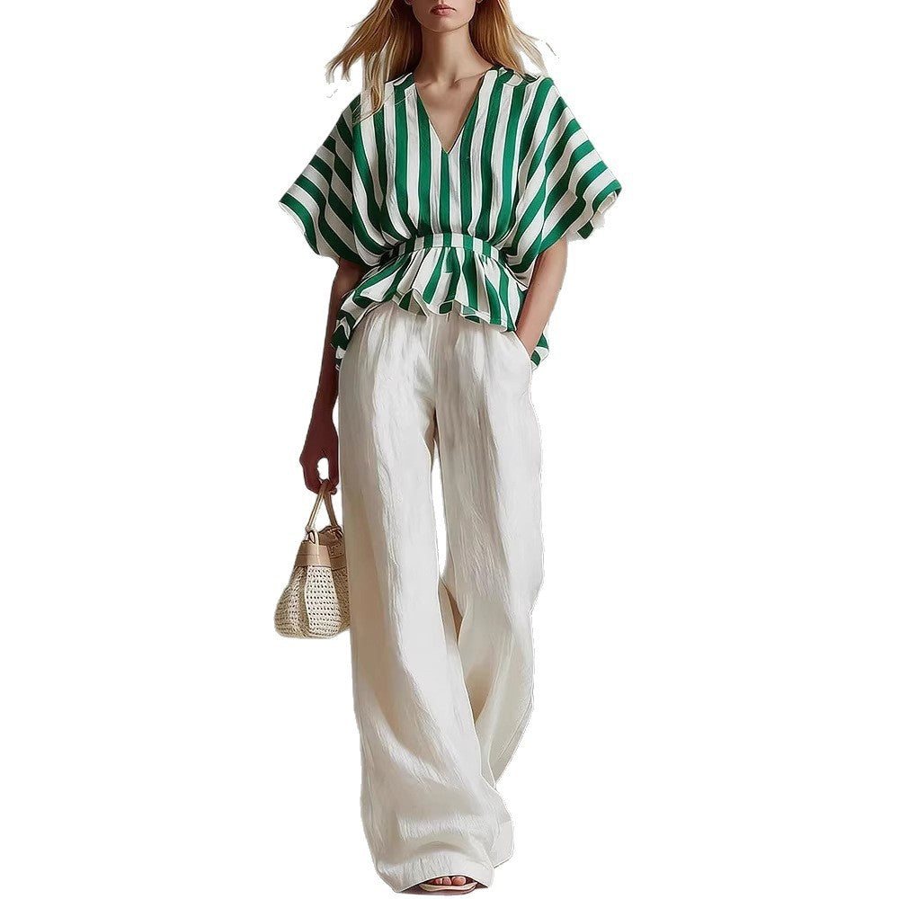 Striped V-Neck Peplum Top & Wide-Leg Pants Set