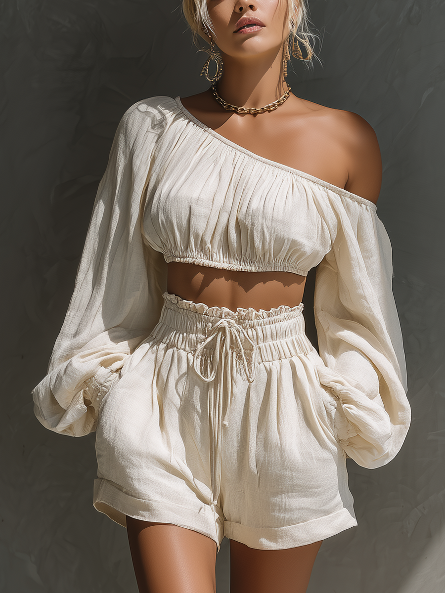 Linen Off-Shoulder Crop Top & Shorts Set Boho Summer Outfit Women's Casual Two-Piece Set