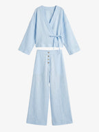 Leinen-Wickeloberteil und Hose mit weitem Bein