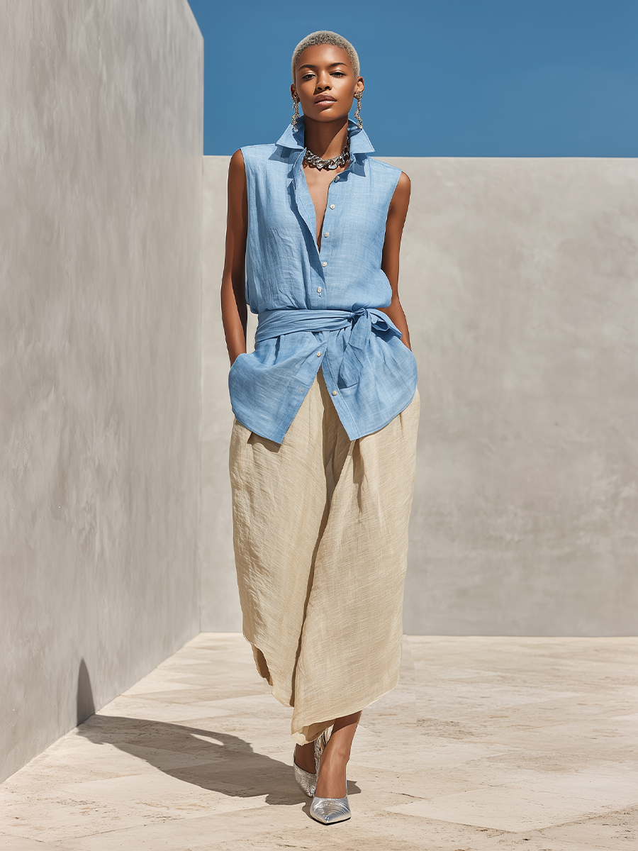 Linen Sleeveless Button-Down Top with Tie Waist and Beige Linen Midi Skirt Set
