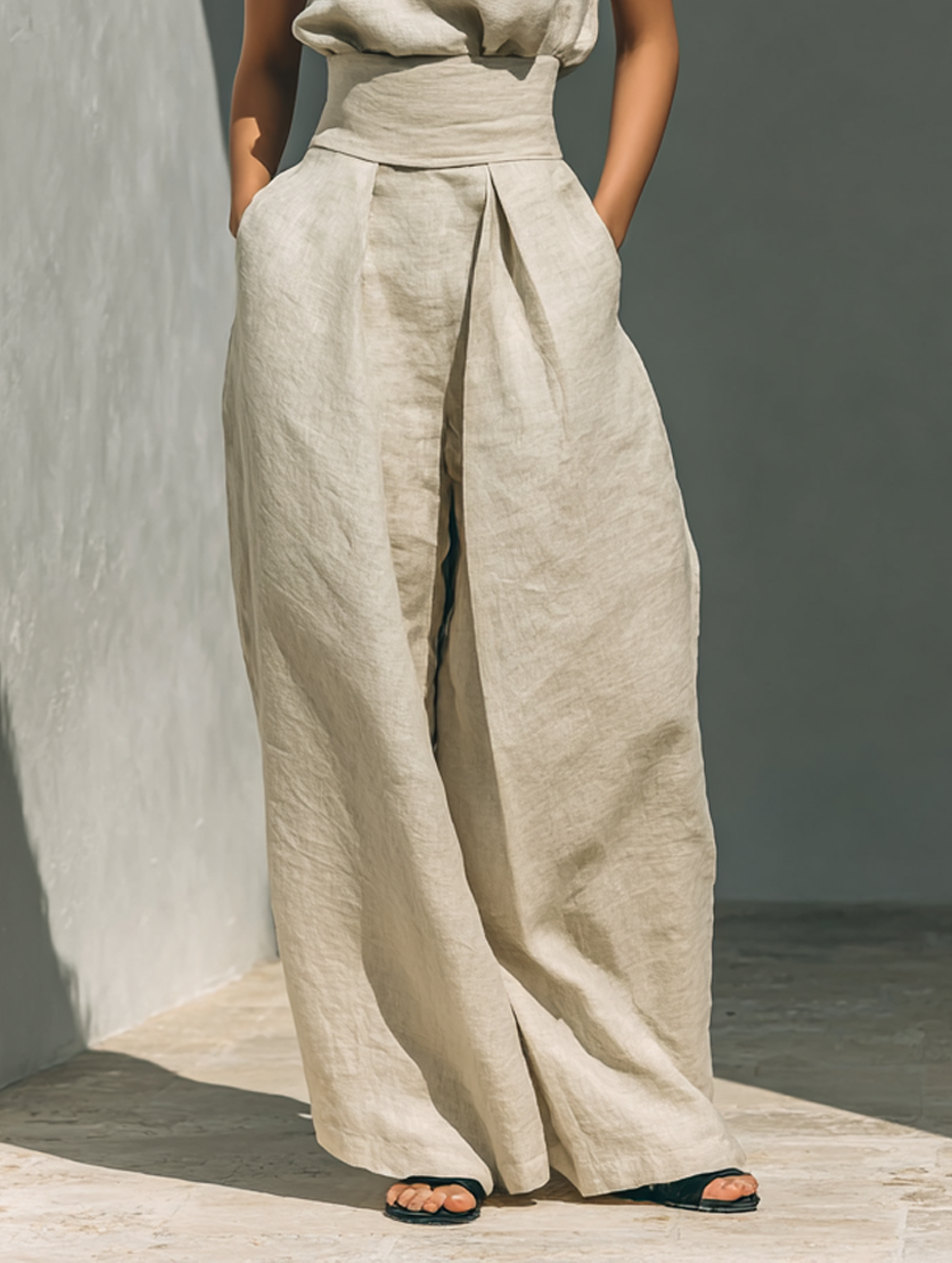 Linen Sleeveless High Neck Top with Wide Leg Pants Set for Women Modern Minimalist Outfit