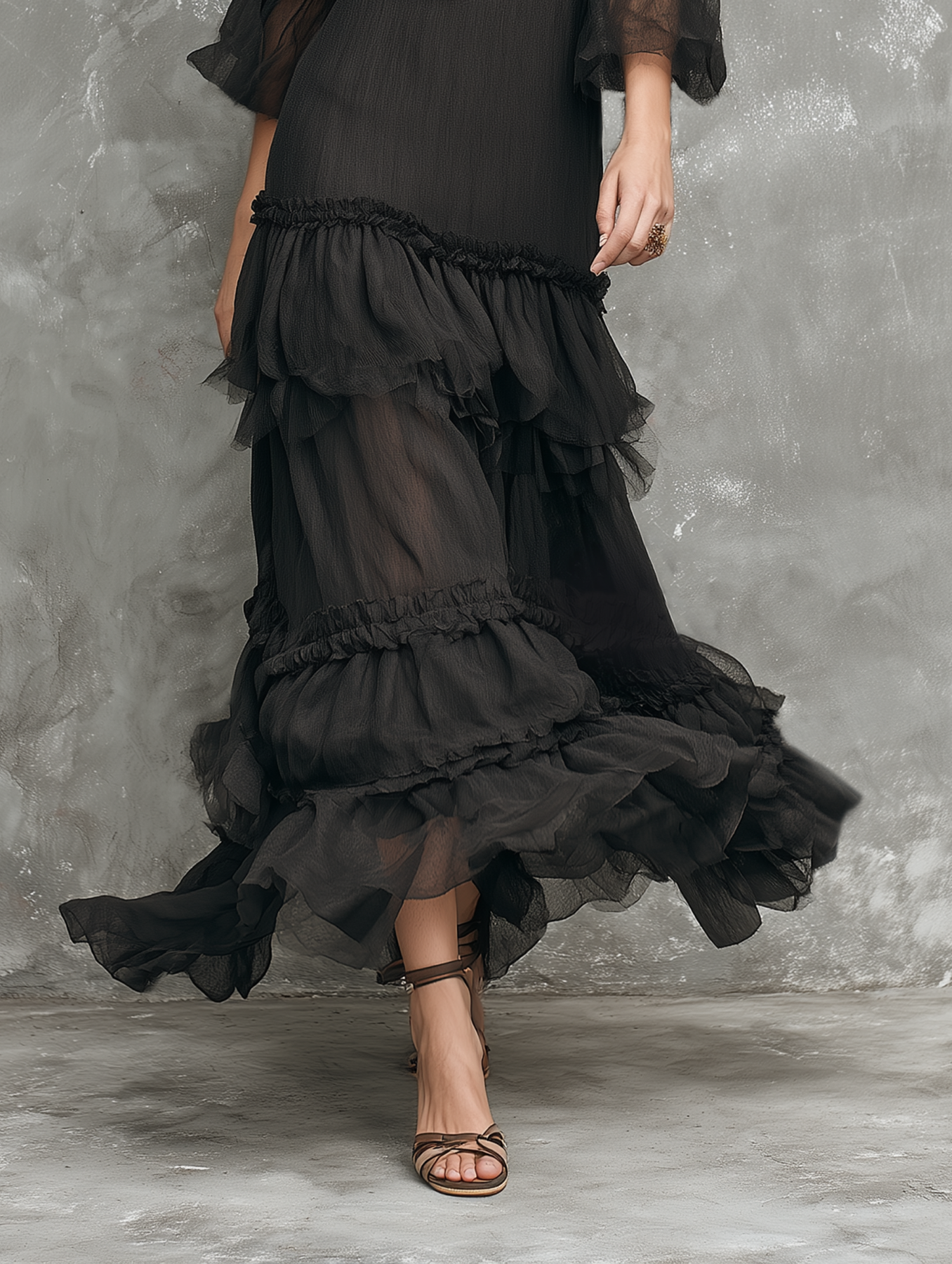 Chiffon Layered Maxi Dress with Ruffles and Sheer Sleeves - Elegant Black V-Neck Long Dress for Women