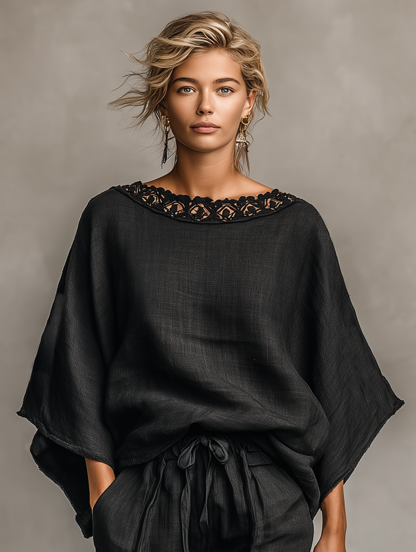 Linen Boho Style Women's Loose Top and Shorts Set with Lace Trim and Drawstring Waist