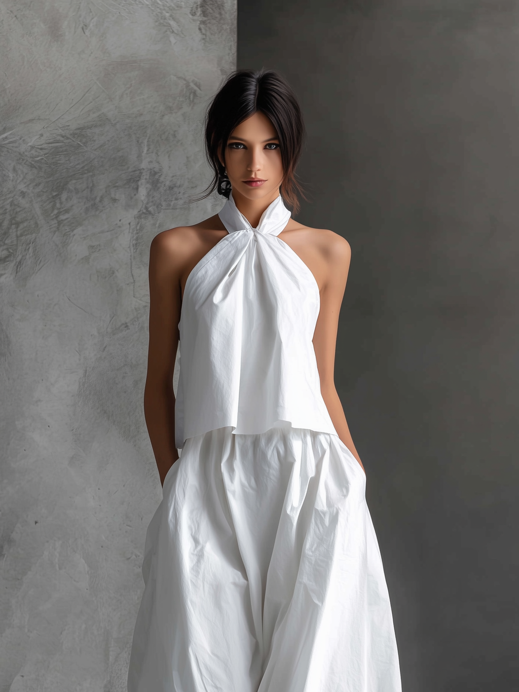 Cotton Linen Halter Maxi Dress with Tie Neck and Flowy Skirt