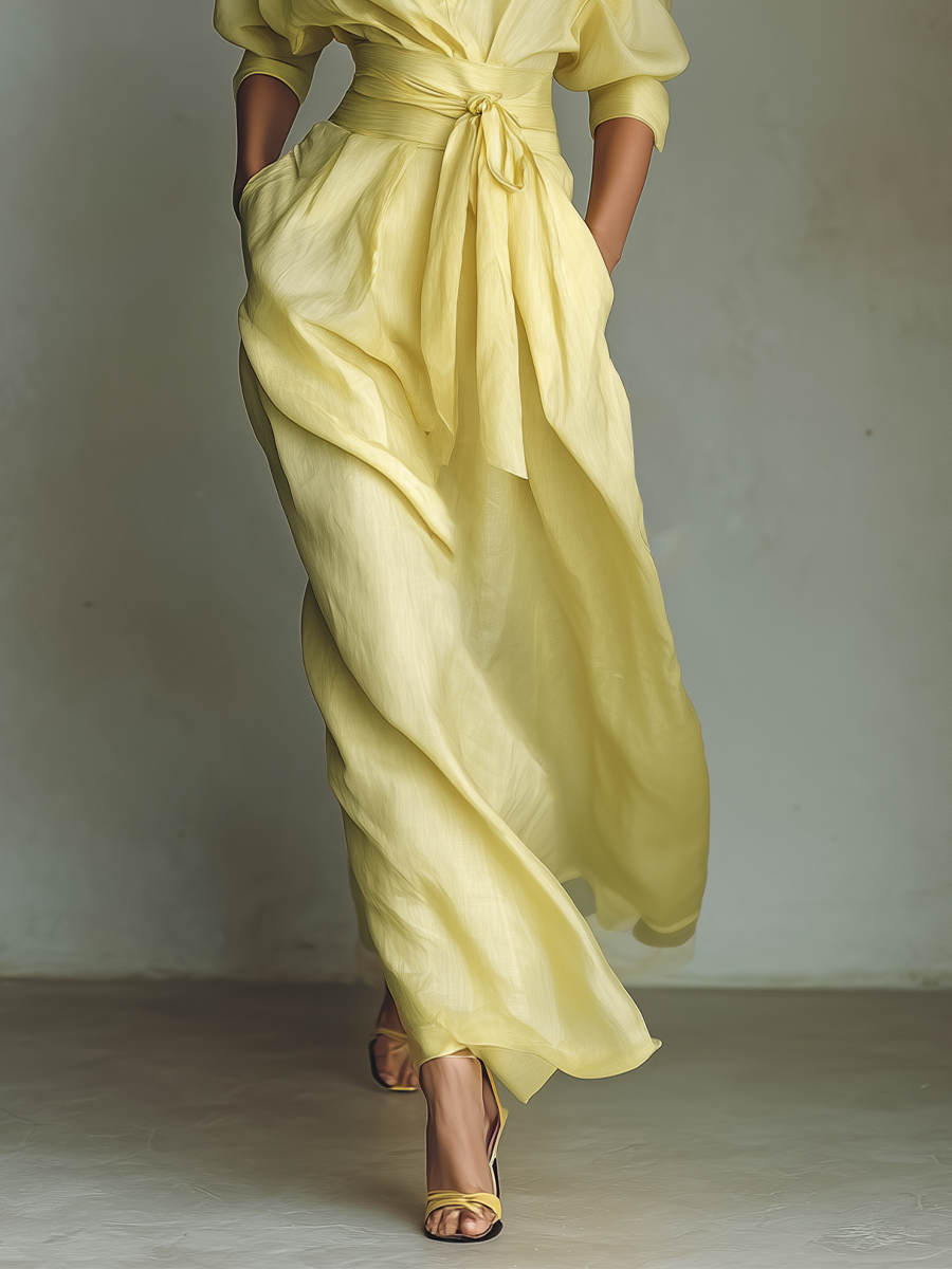 Silk Satin Wrap Maxi Dress with Belted Waist and Deep V-Neckline for Elegant Occasions