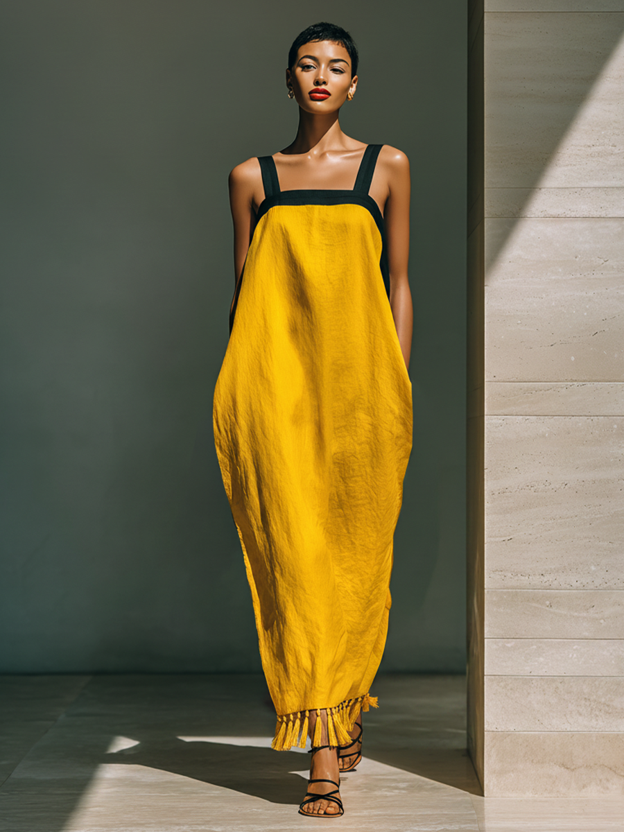 Linen Maxi Dress with Tassel Hem and Square Neckline