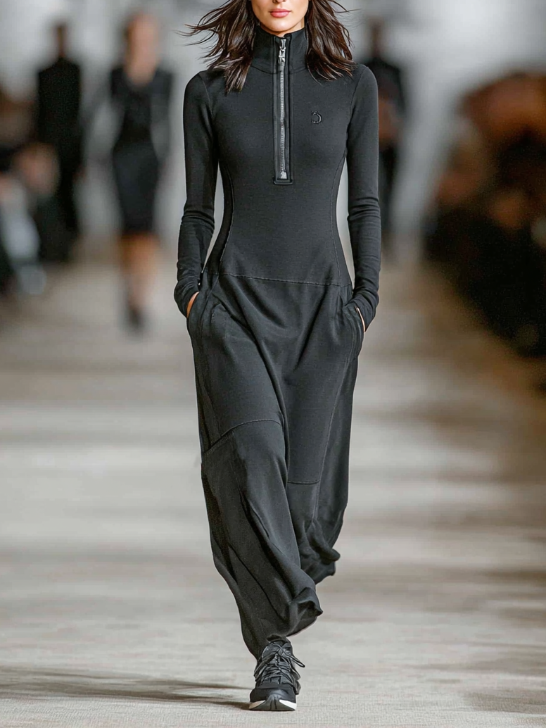 Organic Cotton Stretch Jumpsuit with Half-Zip Neckline and Wide Leg Design
