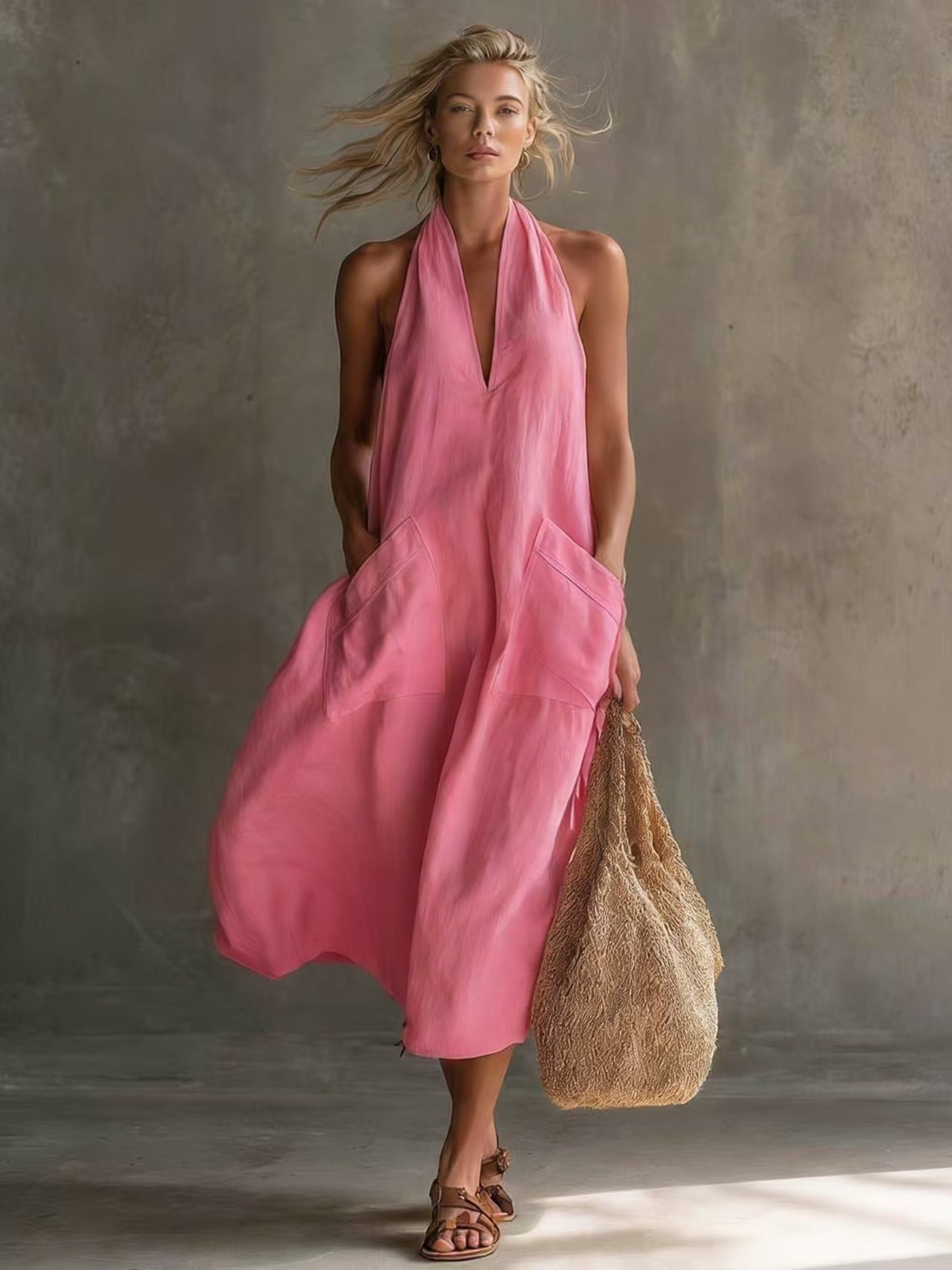 Halter Neck Linen Pocket Maxi Dress