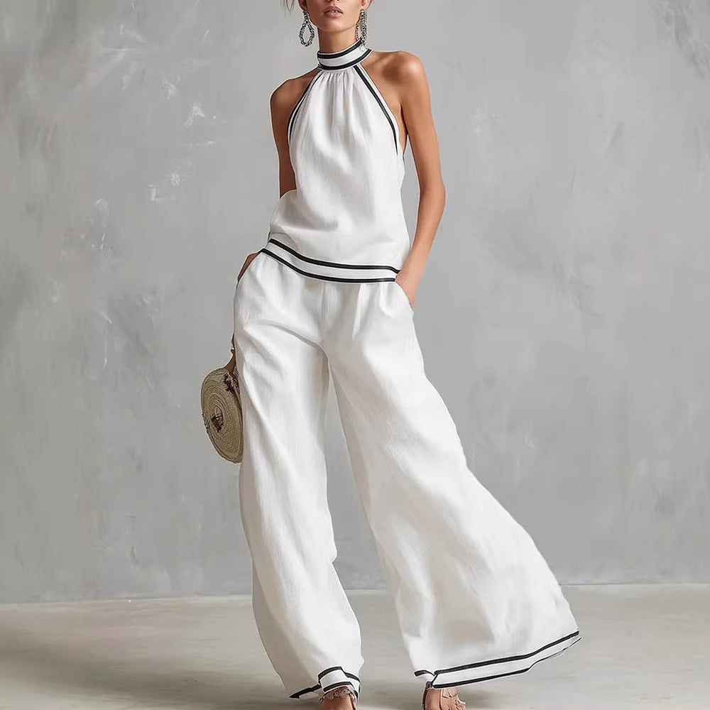 Contrast Trim Sleeveless Vest & Wide-Leg Pants Set